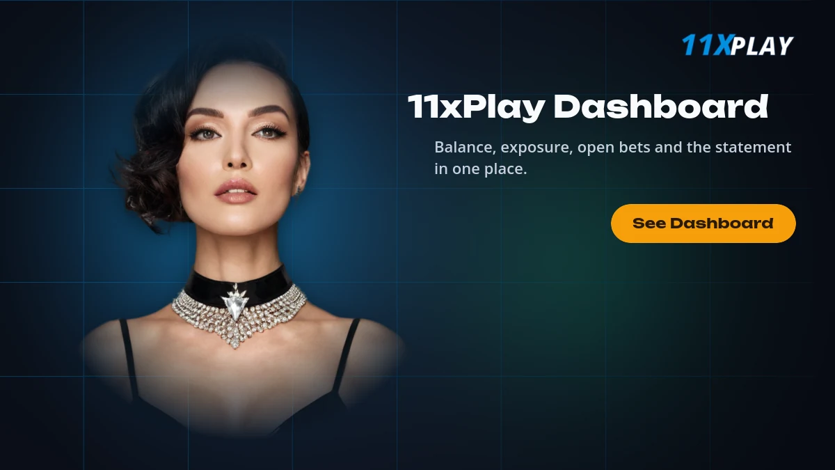 11xPlay dashboard showing available balance, exposure, open bets and the statement ledger